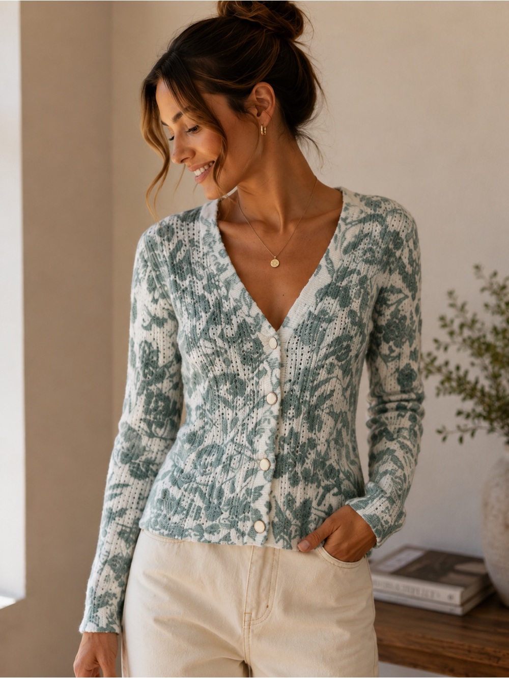 Joie White and Sage Green Floral Openwork Cardigan